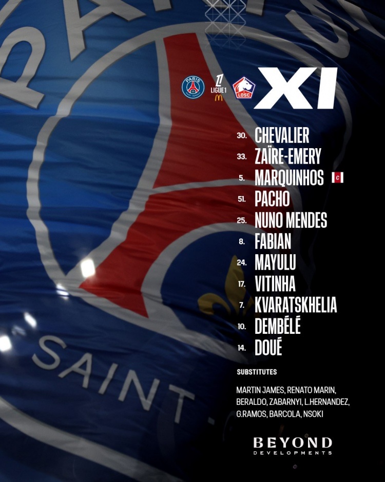 世界杯高清赛事直播地址-巴黎VS里尔首发：登贝莱、维蒂尼亚领衔，杜埃、K77、门德斯出战